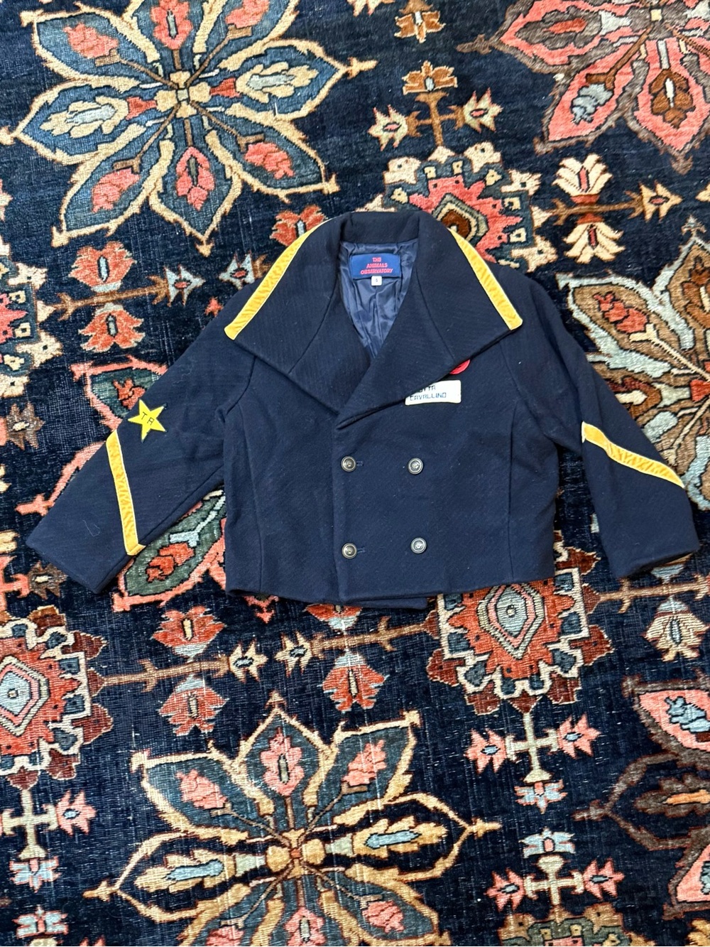 The Animals Observatory Navy Double-Breasted Kids Peacoat with Yellow Trim